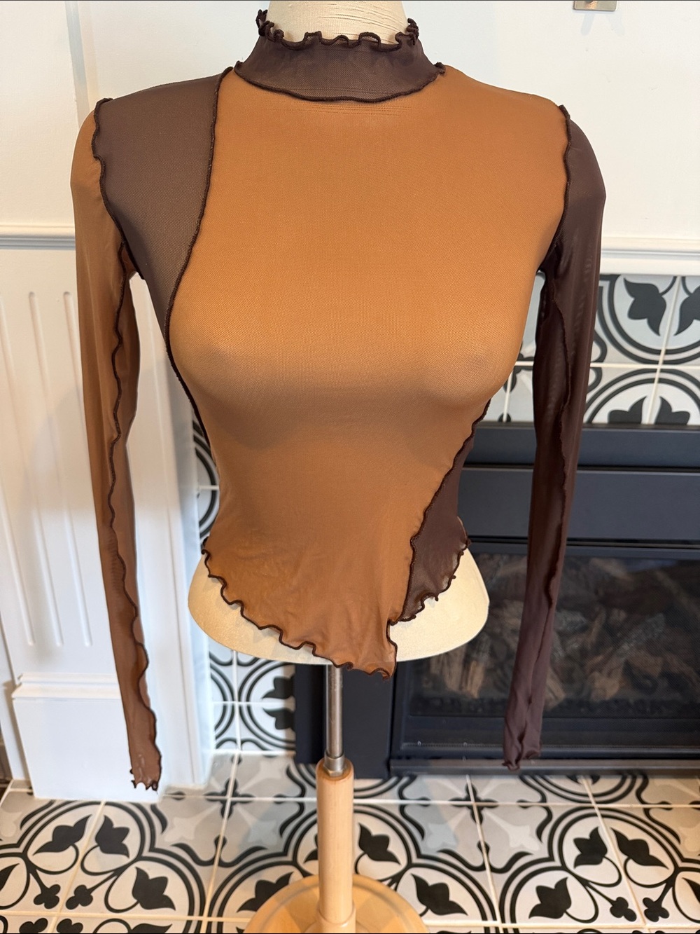 Urban Outfitters Two-Tone Brown Mesh Mock Neck Long Sleeve Top